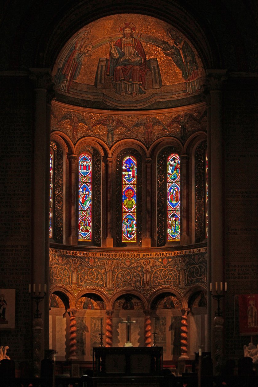 Window depicting a view of the apse with the reset thirteenth century French panels by French School
