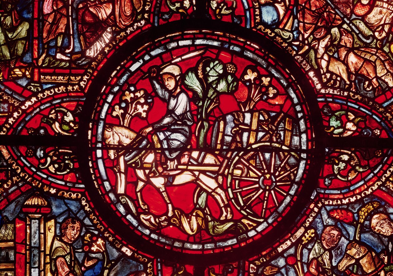 Window Depicting a Wine Merchant Transporting a Barrel of Wine in a Cart, from Scenes from the Life of St. Lubin by French School