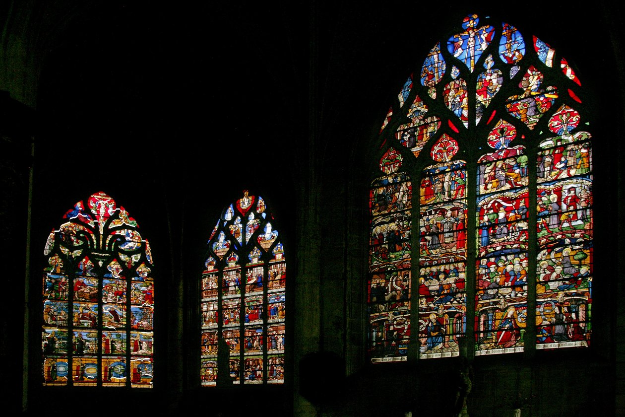Window depicting the east end of the church with the main east window in the center by French School
