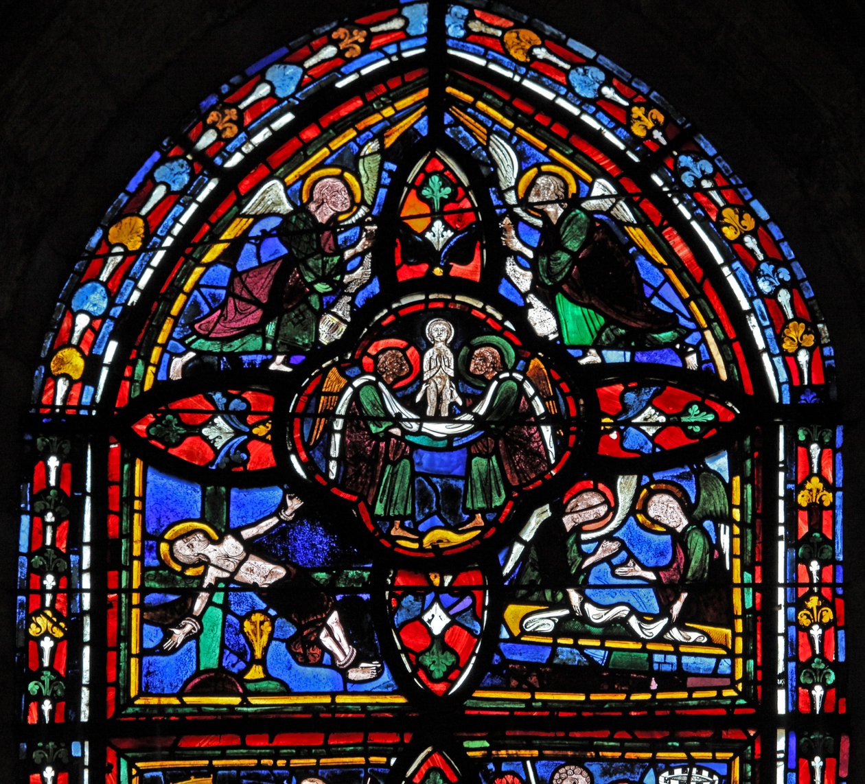 Window depicting the fifth section of window w7: the death of St Peter: his soul ascends to heaven by French School