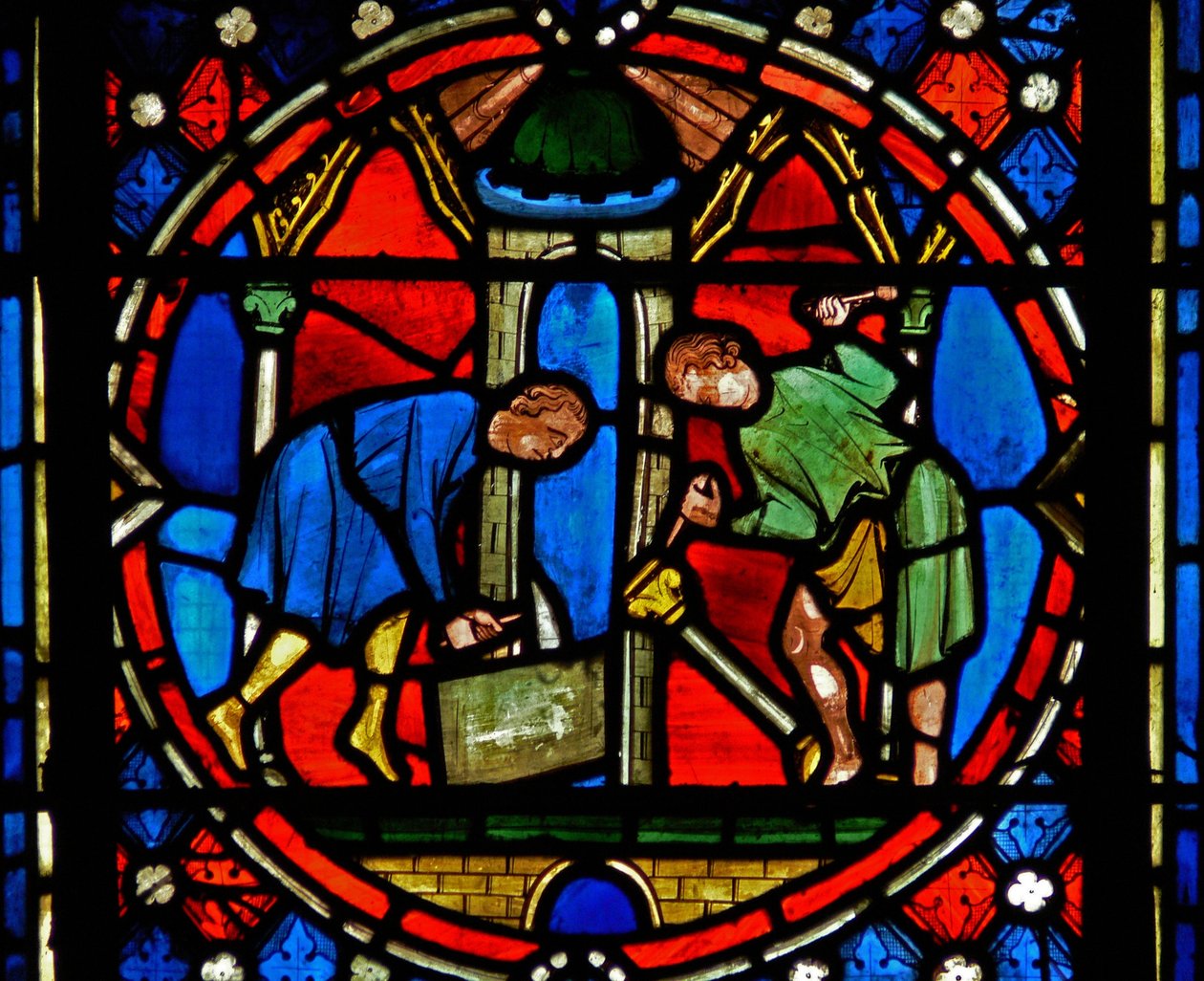 Window n2-C depicting St Austremoine building the church at Issoire by French School