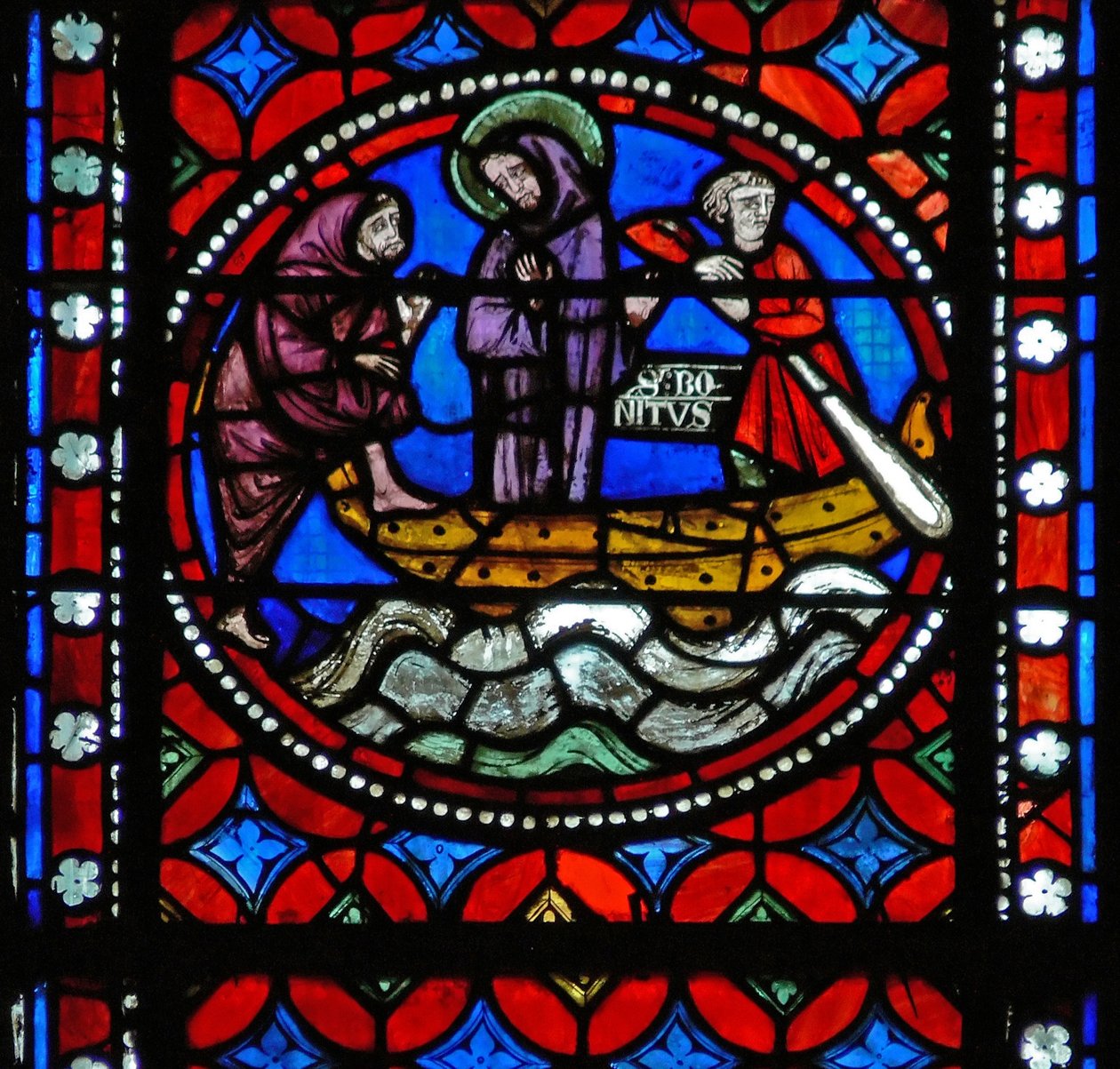 Window s1-R depicting a scene from St Bonnet