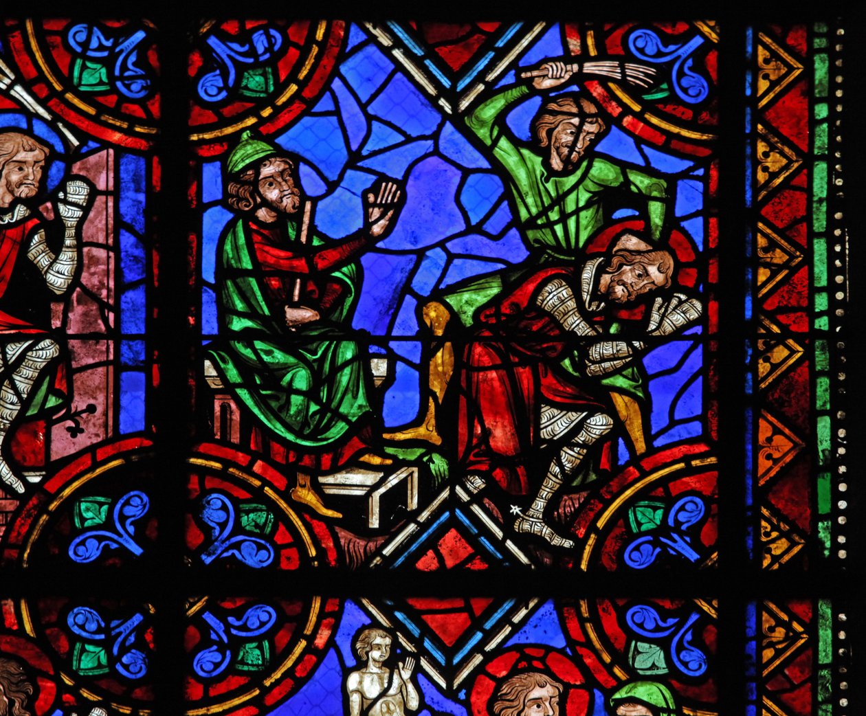Window depicting St Julian of Brioude story - St Ferreol, a friend of Julien, who died during the Diocletian persecutions, is captured and beaten by French School