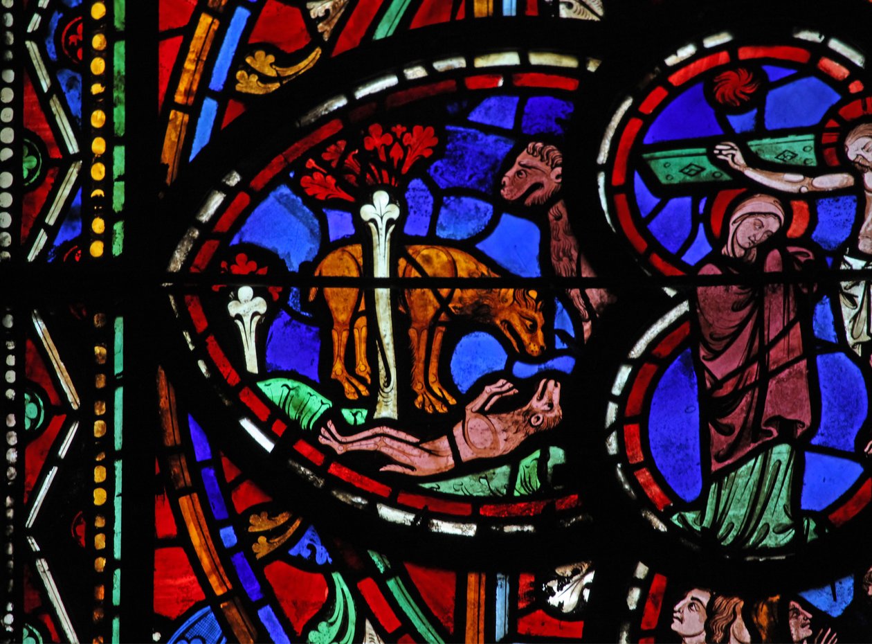 Window depicting a lion revives its young by French School