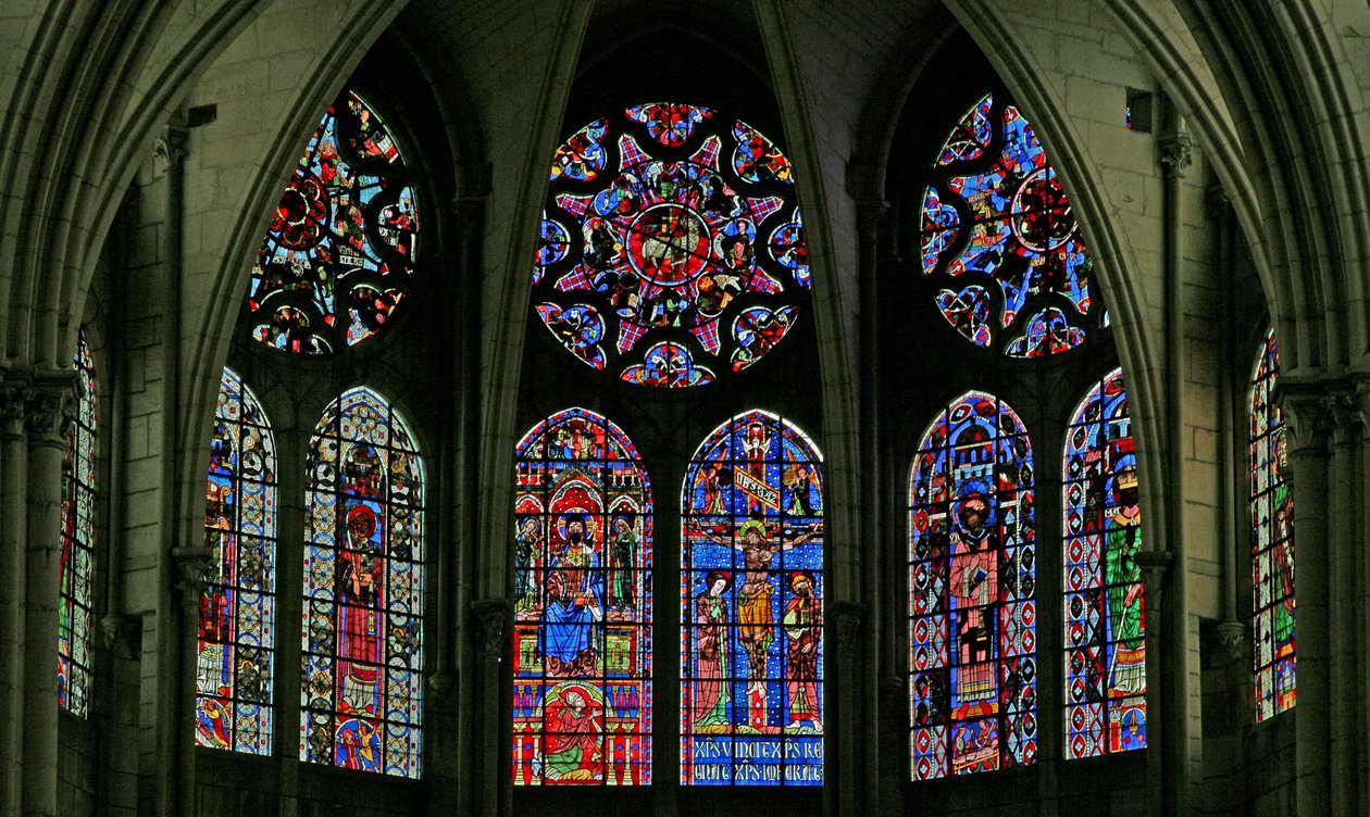 Window w100 depicting a view of the clerestory windows at the east end of the choir of the cathedral by French School