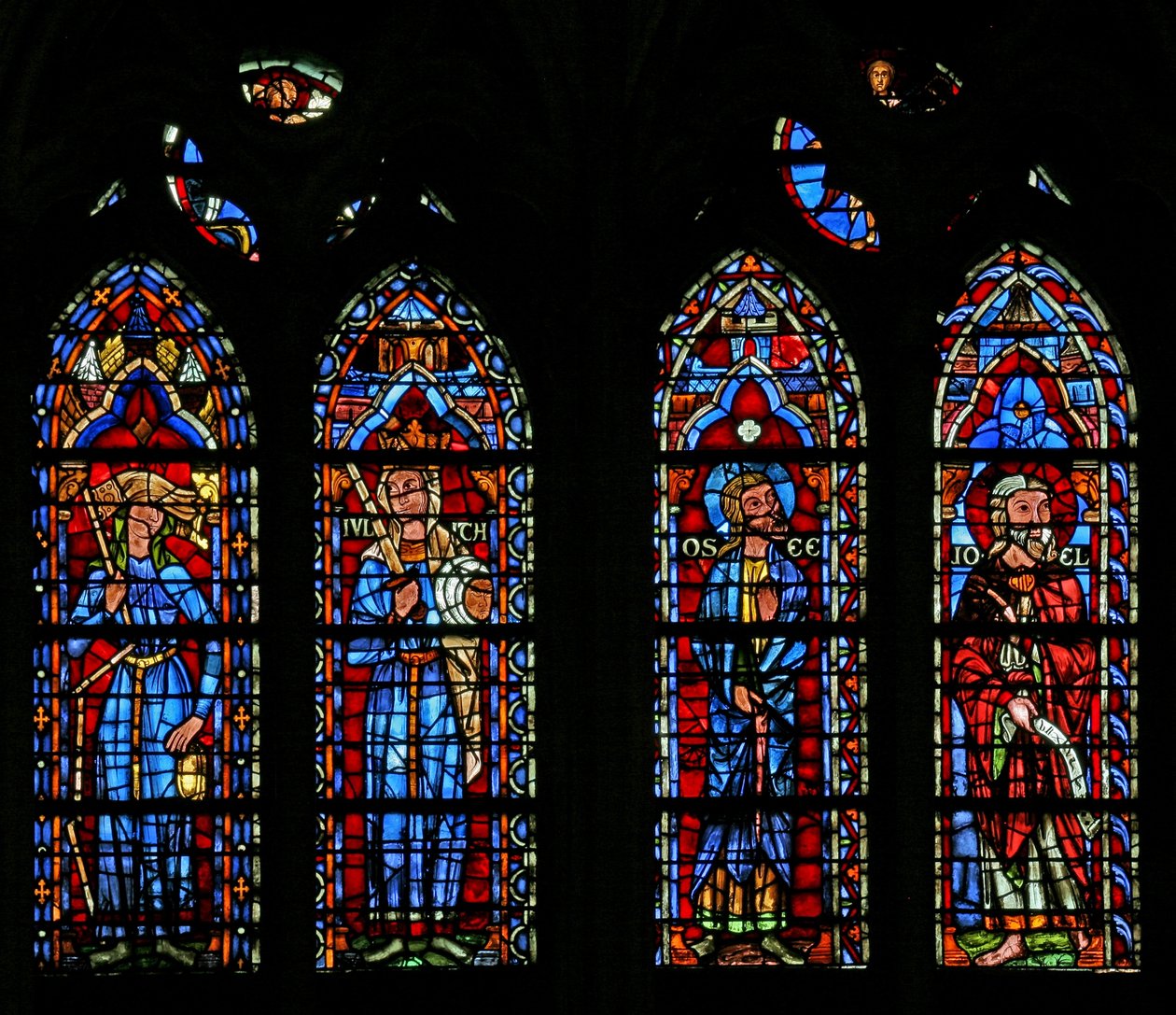 Window w103 depicting the Synagogue, Judith, the prophets Hosea and Joel by French School