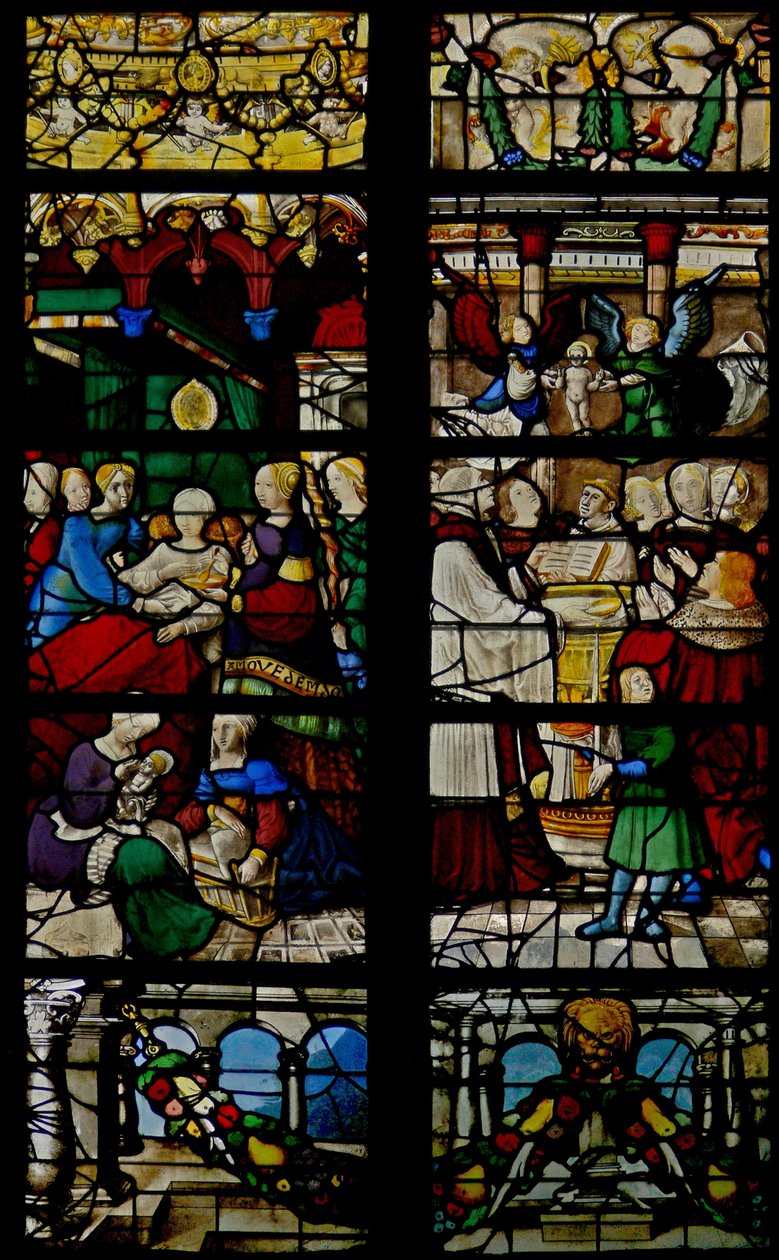 Window depicting scenes from the life of St Claude: his birth and baptism by French School