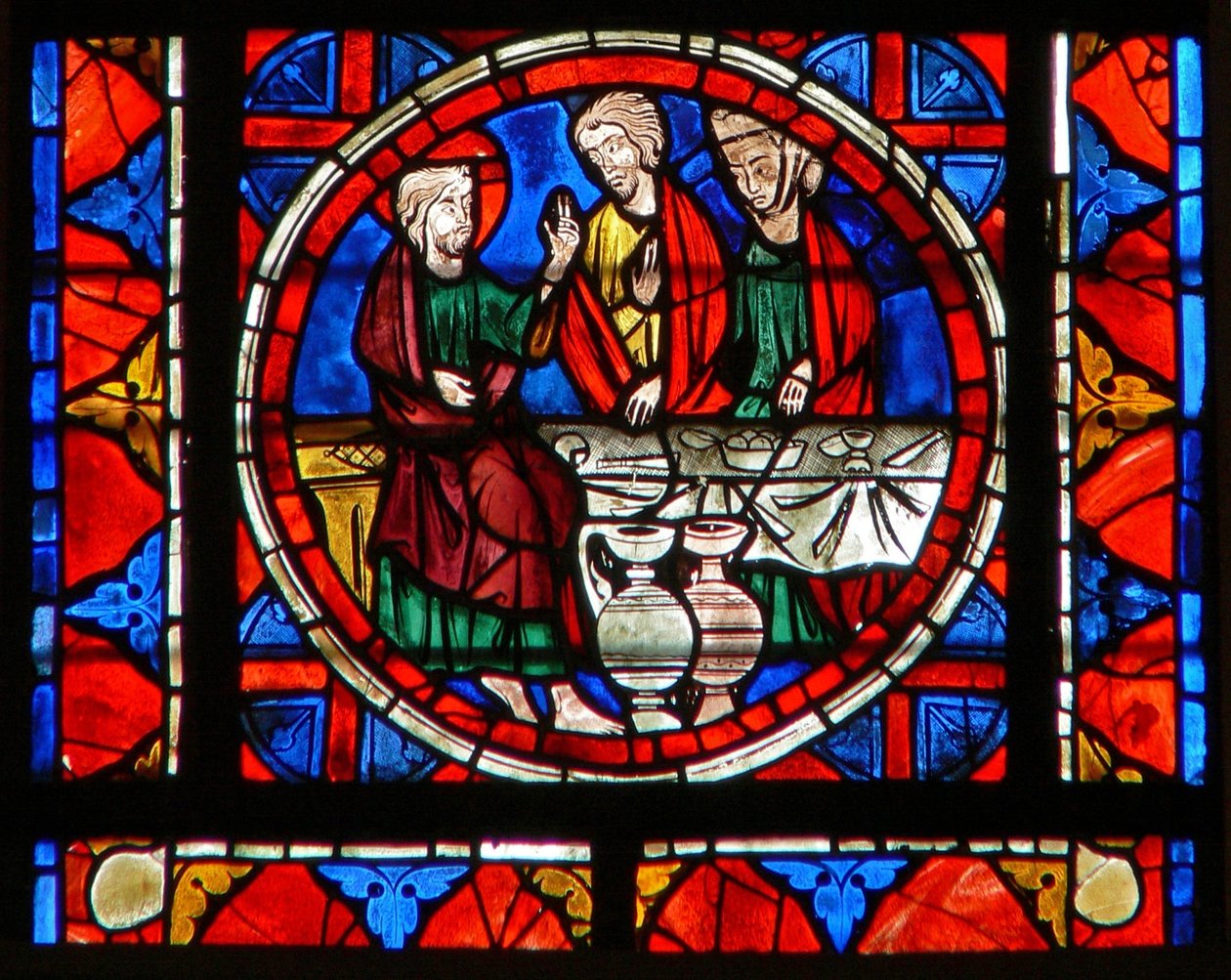 Window depicting a scene from the life of St Mary Magdalene - at the meal at Simon