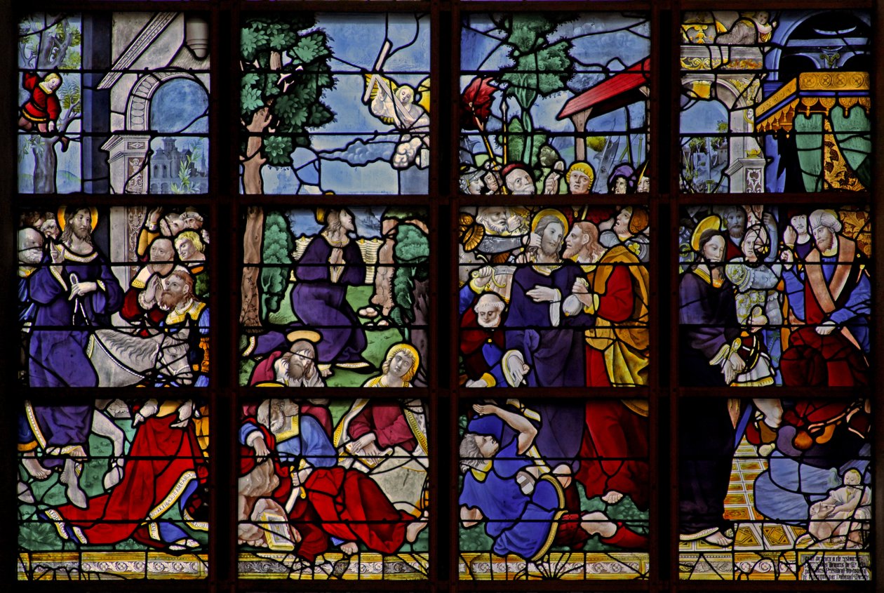 Window depicting 4 scenes: the Entry into Jerusalem, In Gethsemane, the Betrayal, Before Caiaphas by French School