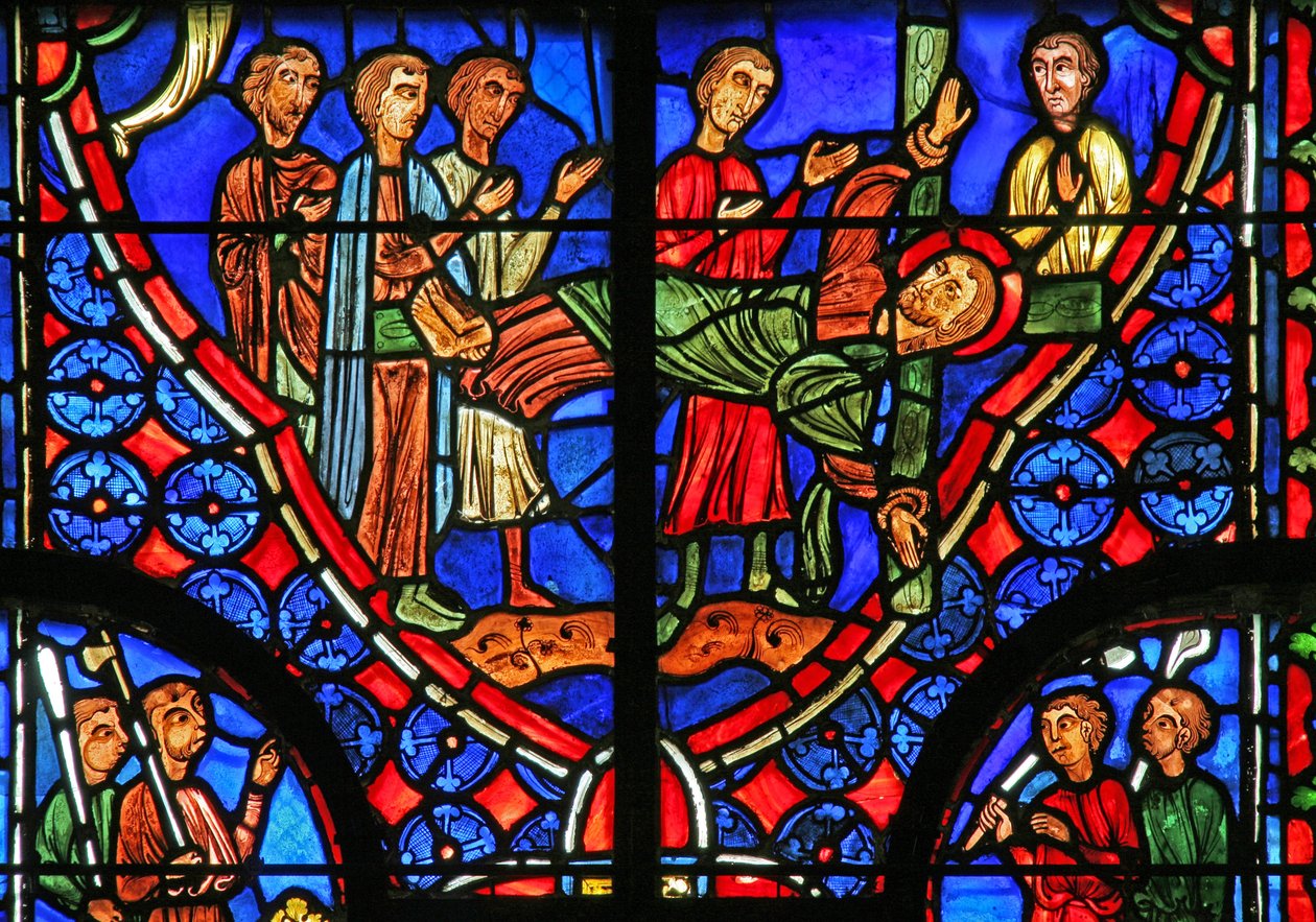 Window w11 depicting St Andrew bound to his cross and preaches to the crowd by French School