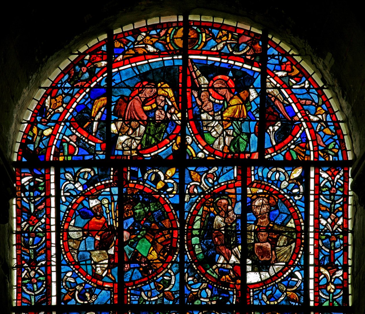 Window depicting angels carry souls to Paradise; fragmentary panel - a bishop? the Bosom of Abraham by French School