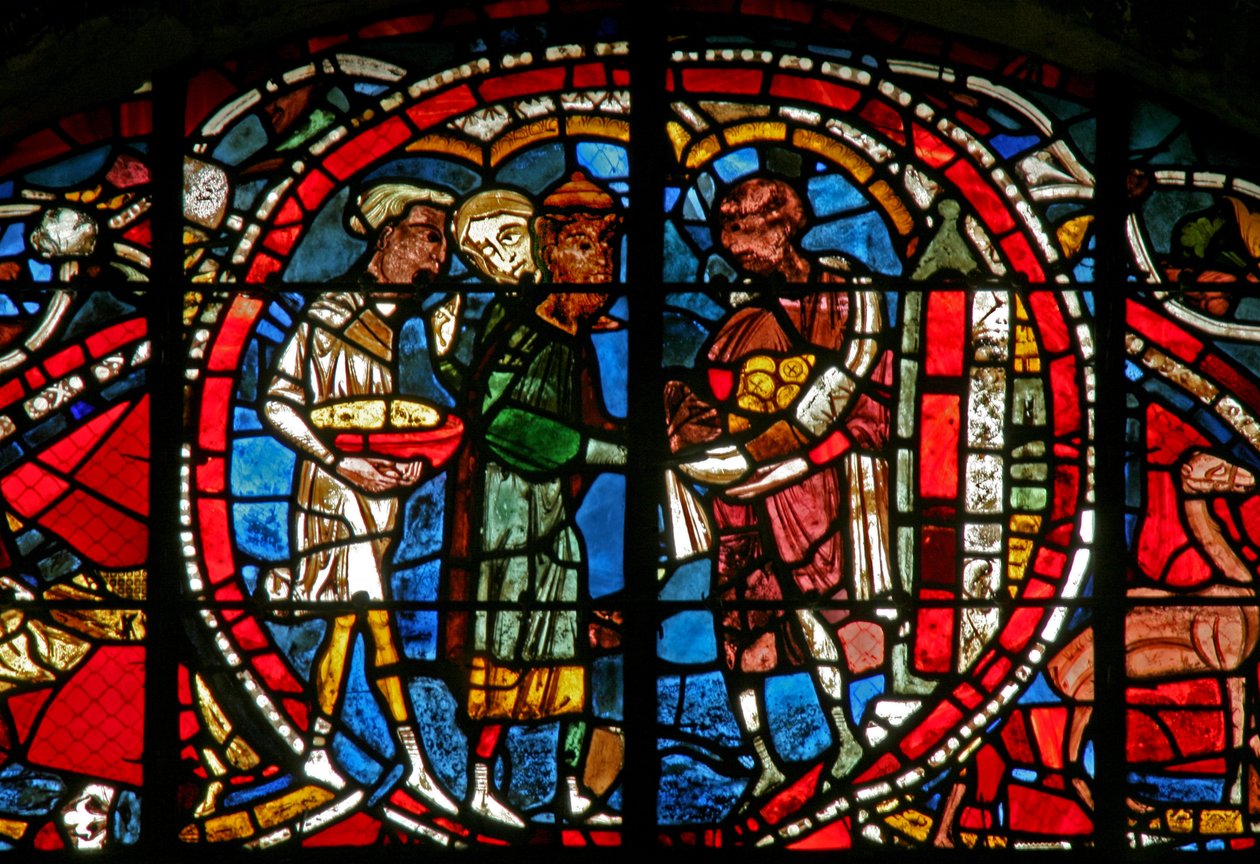 Window depicting a scene from the Prodigal Son story: he receives his inheritance by French School