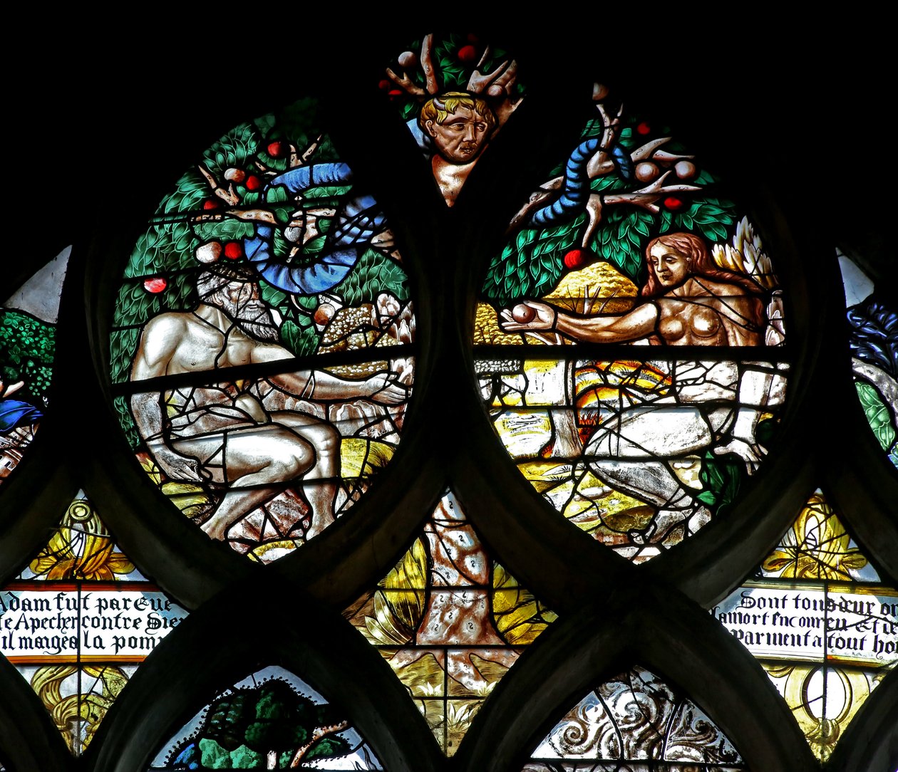 Window w122 depicting the Original Sin: Adam and Eve and the Serpent by French School