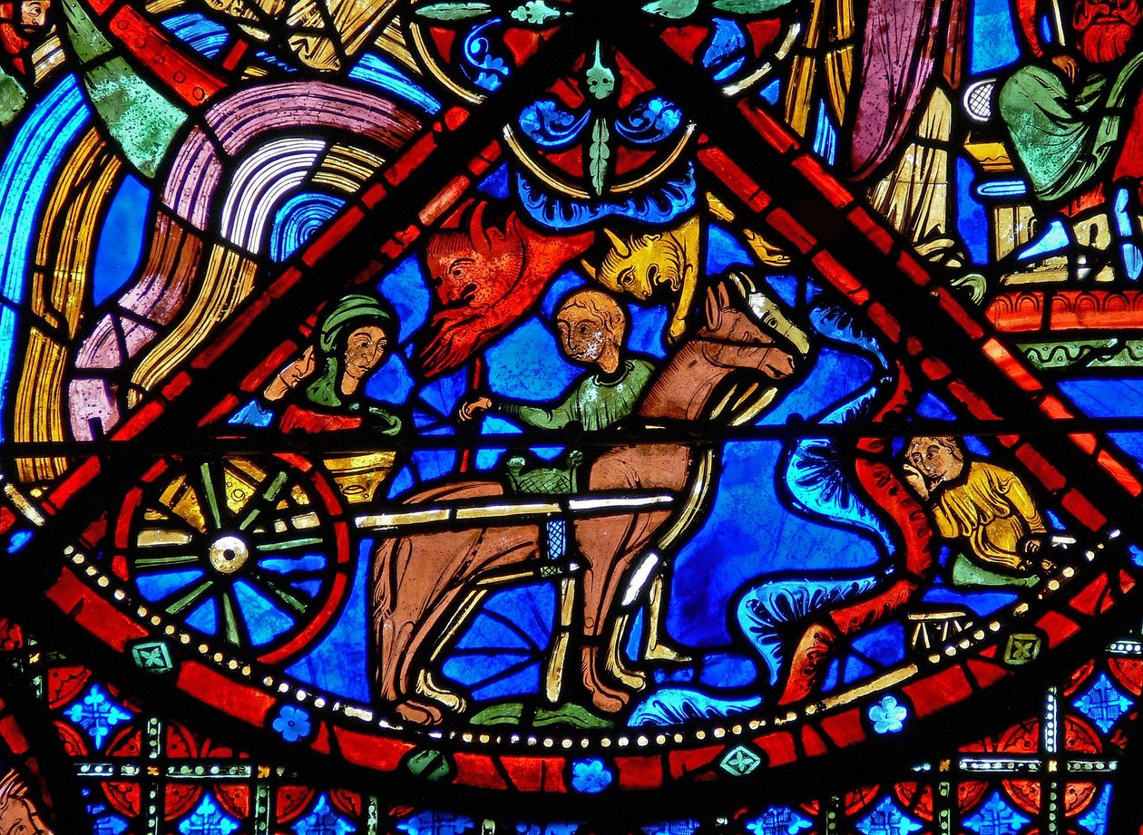 Window w15 depicting the story of St Stephen's relics: devils interfere ...