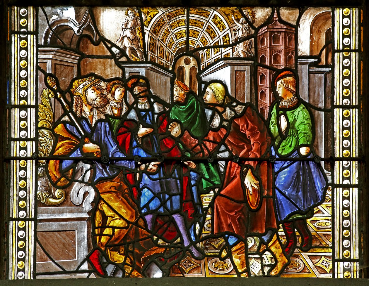 Window depicting St Thomas in India is invited to the wedding of Pelagius, is beaten by a servant who is in turn eaten by a lion. A dog brings in the servant