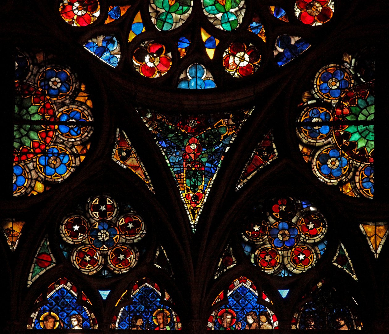 Window w17 depicting the tracery lights with geometric and decorative glass by French School