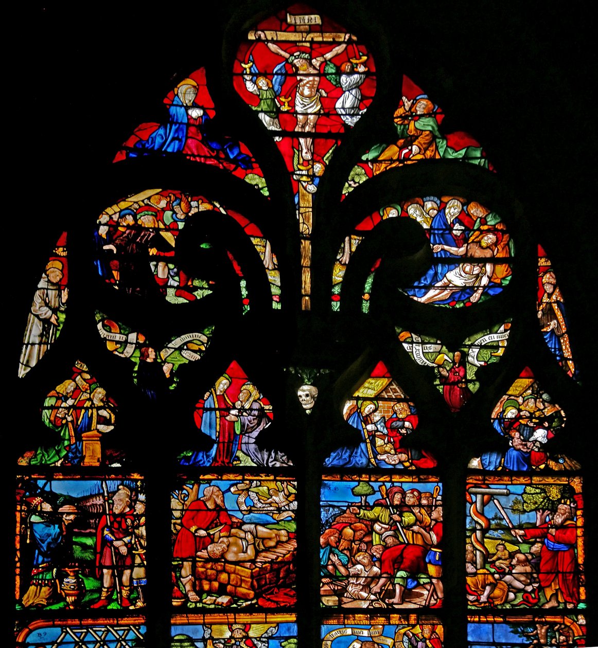 Window depicting the Crucifixion with Mary and John, the Via Crucis, the Deposition by French School