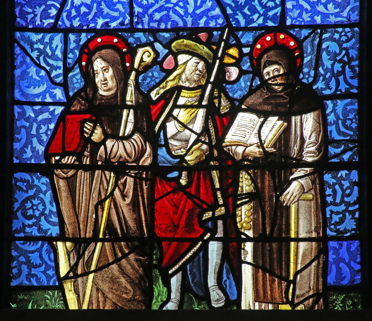 Window depicting St Dominic and St Francis with a chevalier holding a sword by French School