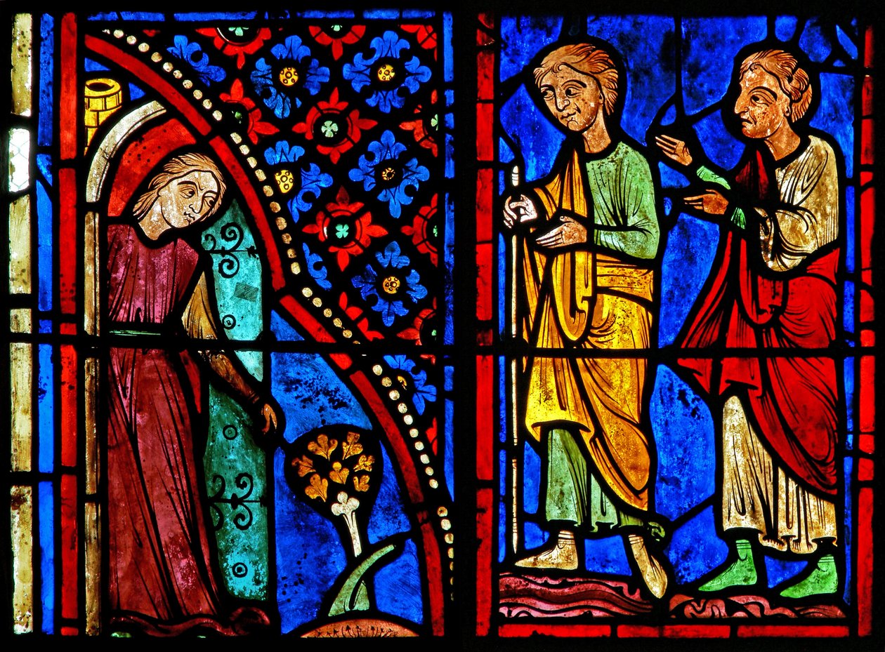 Window w21 depicting St Mary the Egyptian as a prostitute with her clients by French School