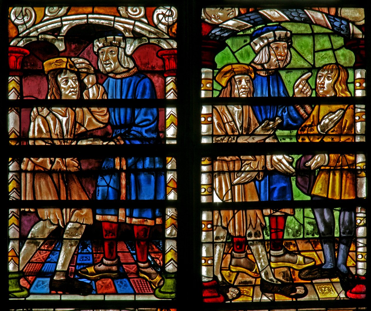 Scene from the Prodigal Son story: his father welcomes him home; prepares feast by French School