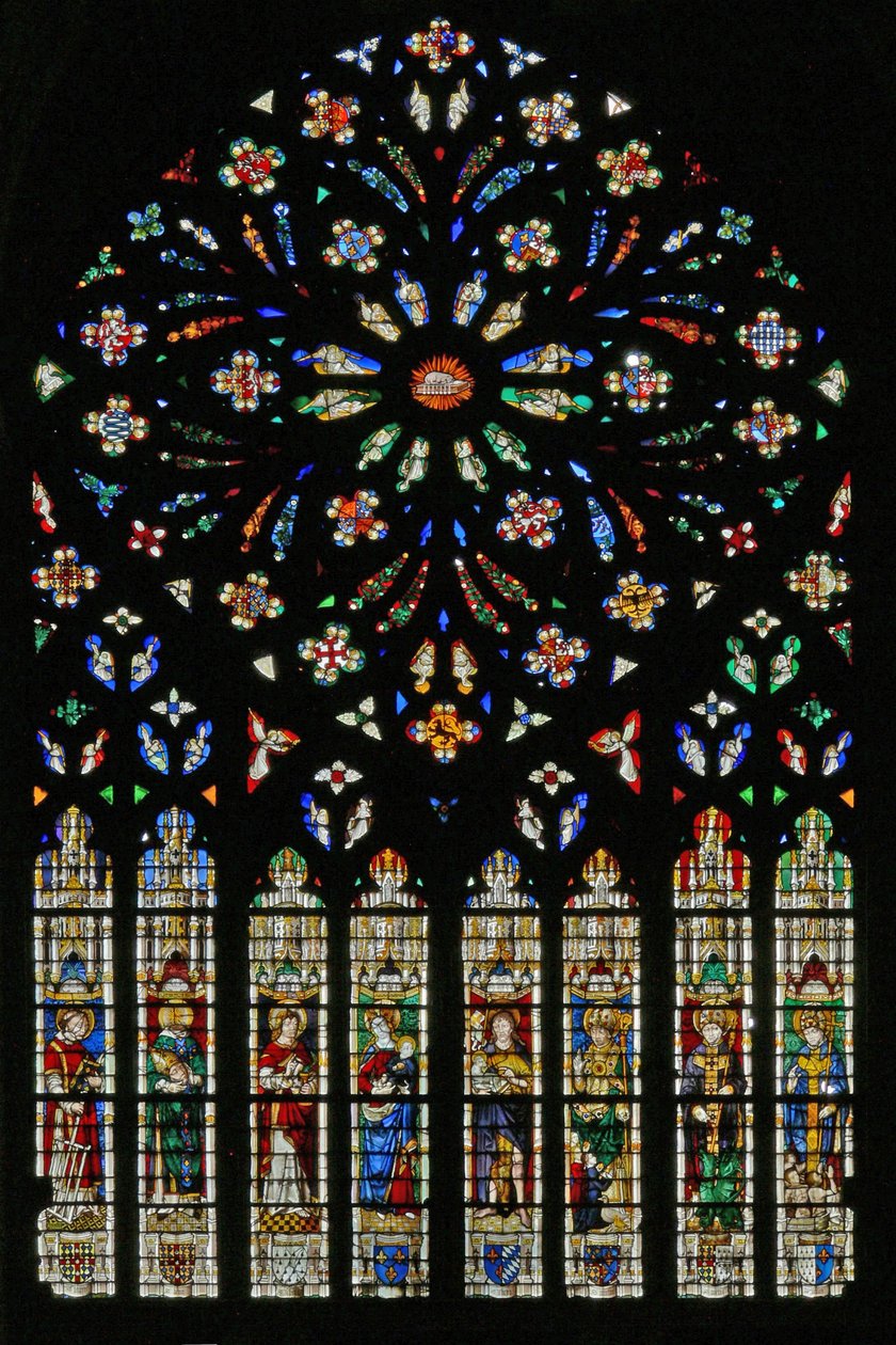 Window w237, the west rose window, depicting the Lamb of the Apocalypse at the center surrounded by 12 angel musicians; coats of arms that include Montmorency-Laval, Bertrand Duguesclin and Oli by French School