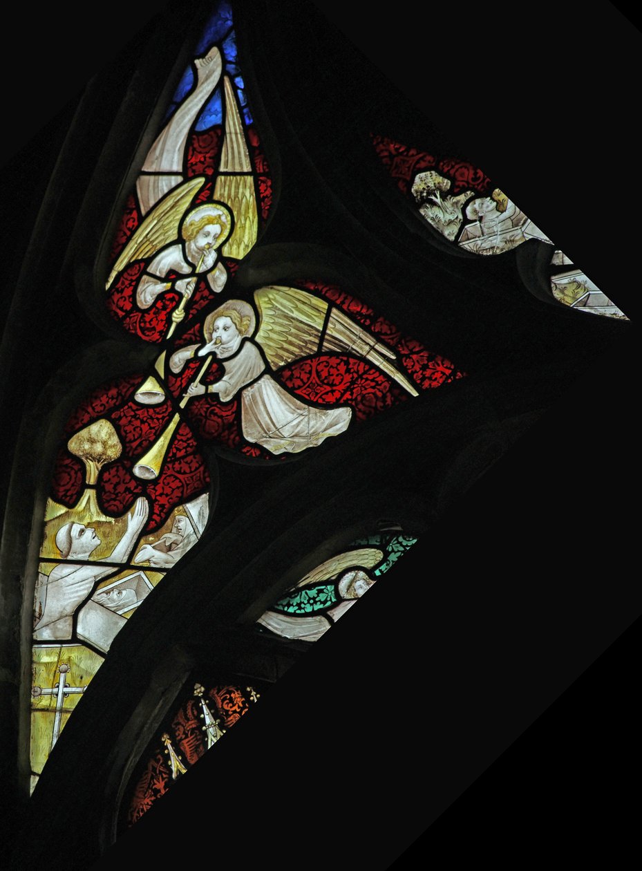 Window depicting musician angels with trumpets at Last Judgement by French School