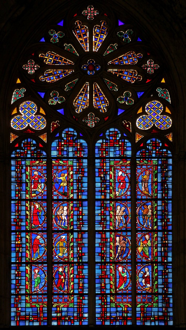 Window w30 depicting reset panels of the Creation, featuring Adam and Eve and Cain and Abel by French School