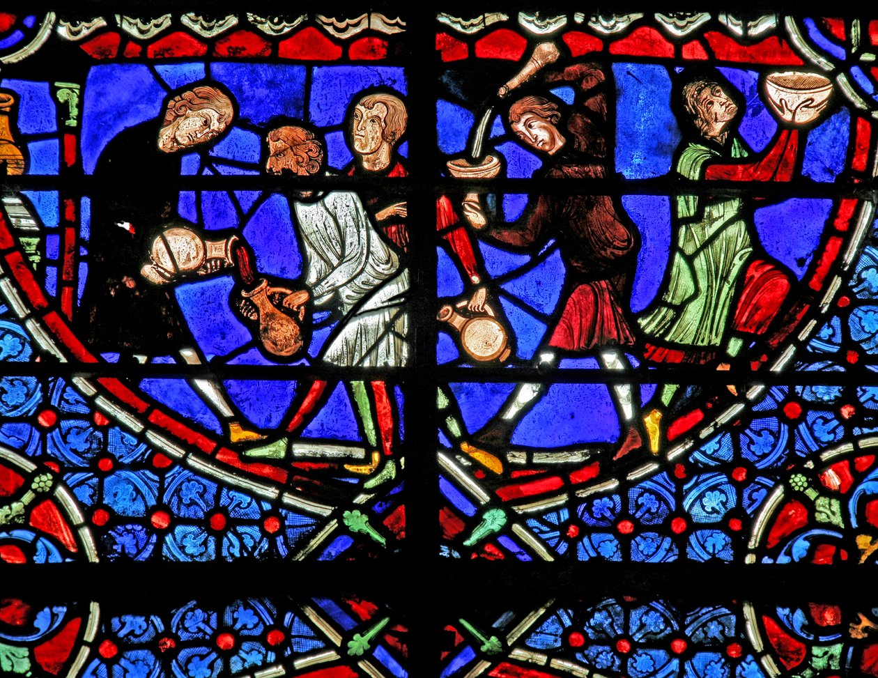 Window depicting the water turning into wine at the Marriage at Cana by French School