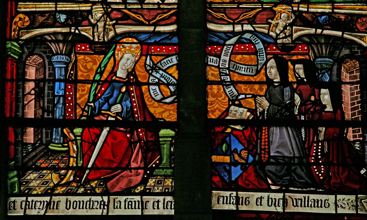 Window depicting a donor - Catherine Boucheret with family and St. Catherine by French School