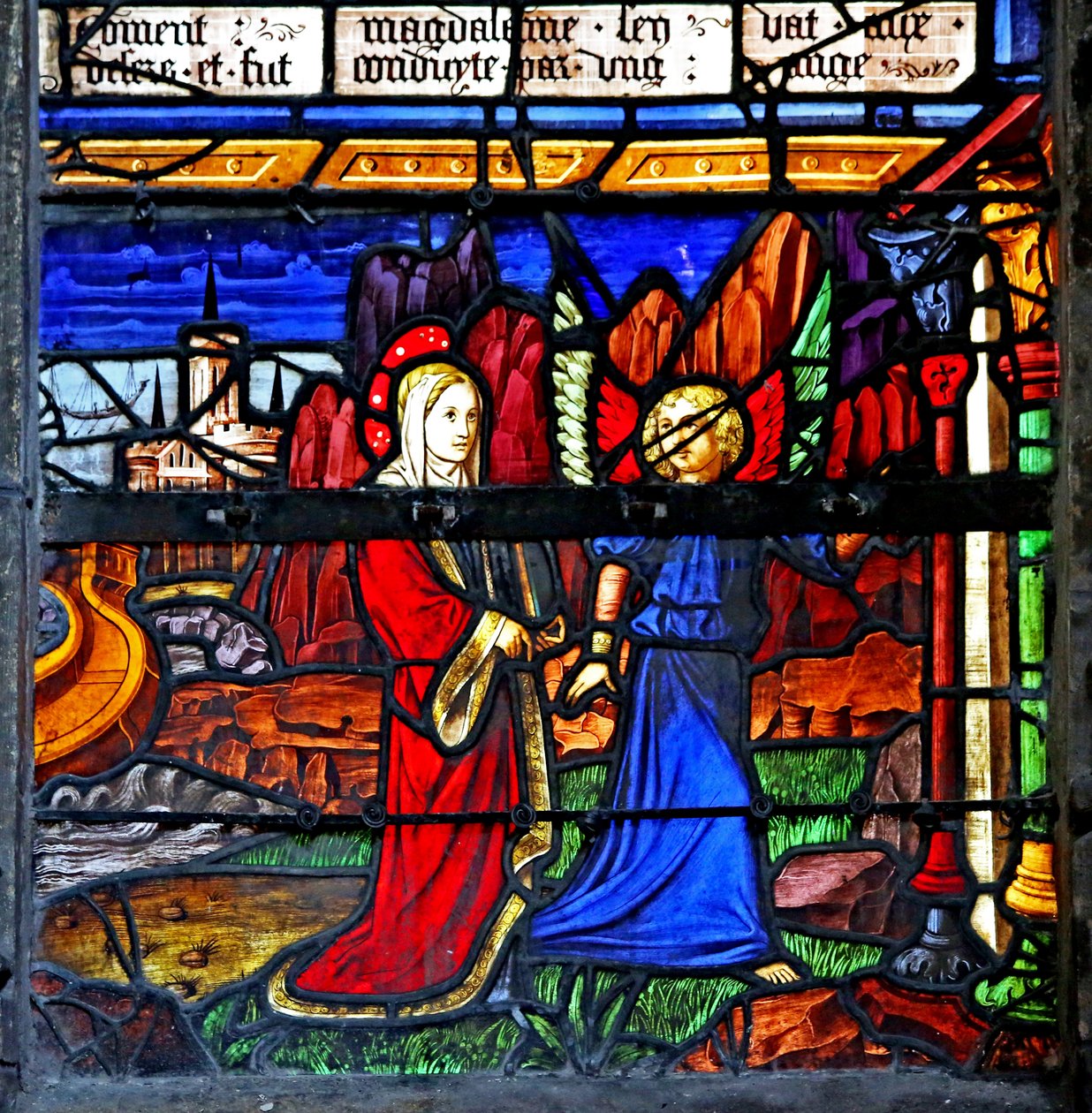 Window depicting Mary Magdalene; she goes into exile and is guided by an angel by French School