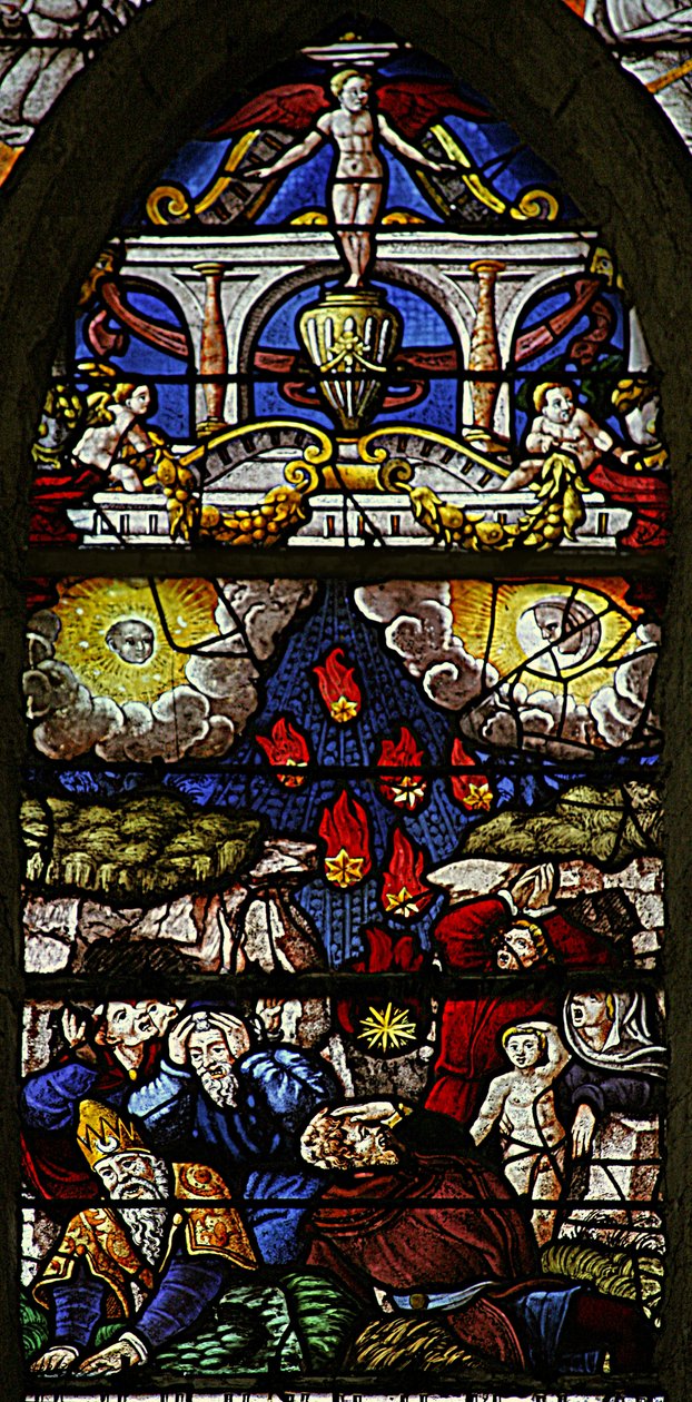 Window w7 depicting a scene from the Book of Revelation: stars fall to earth: the sun turns black and the moon like blood by French School