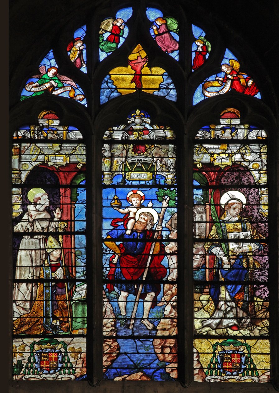 Window depicting St Francis, St Christopher, St Stephen by French School