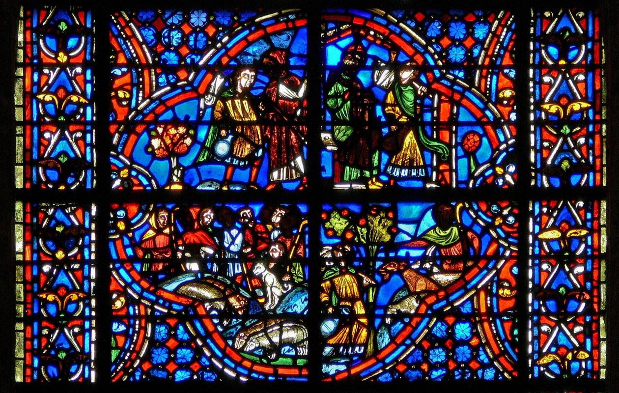 Window depicting scenes from the story of Joseph: Jacob sends Joseph to ...