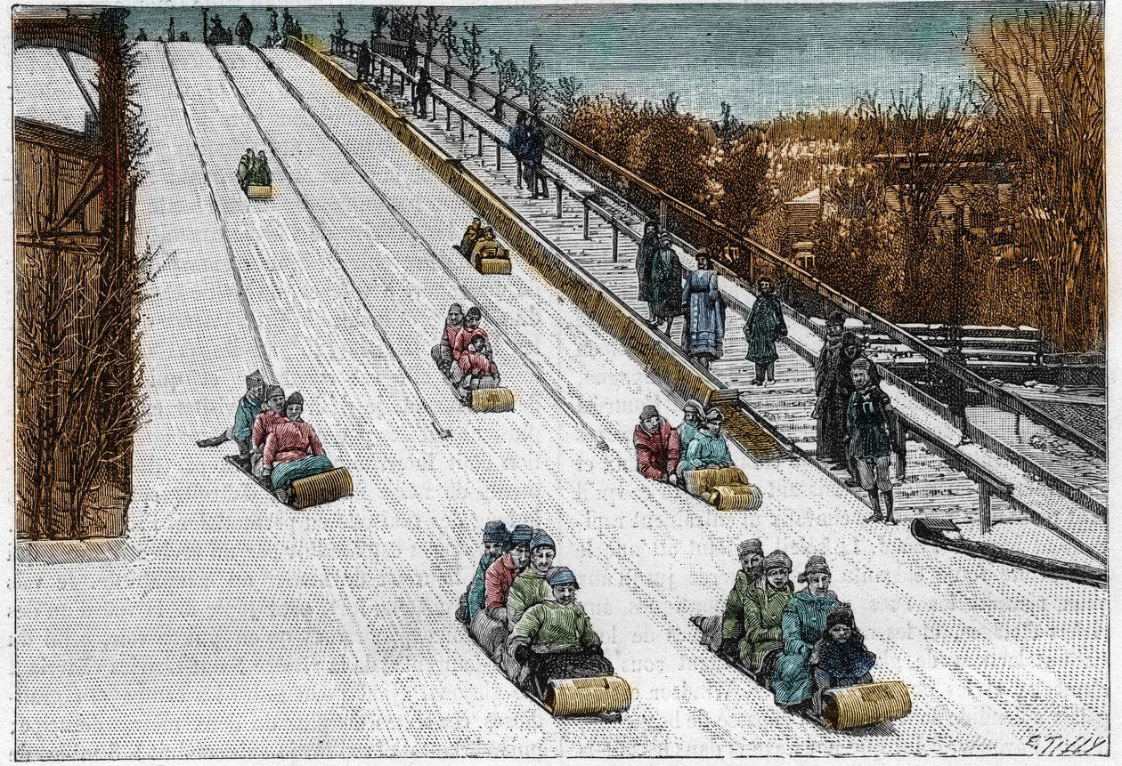 Winter game and sport: the Toboggan slide, roller coaster in Montreal Park, Canada. Engraving in 