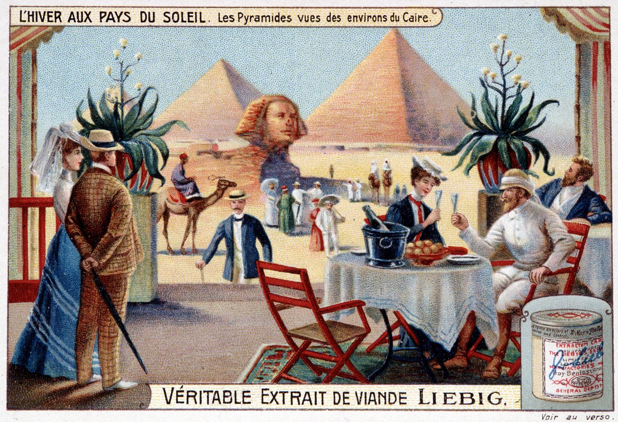 Winter in the countries of the sun: pyramids seen from the surroundings of Cairo - Advertising vignette, chromo. Liebig, c.1900 by French School
