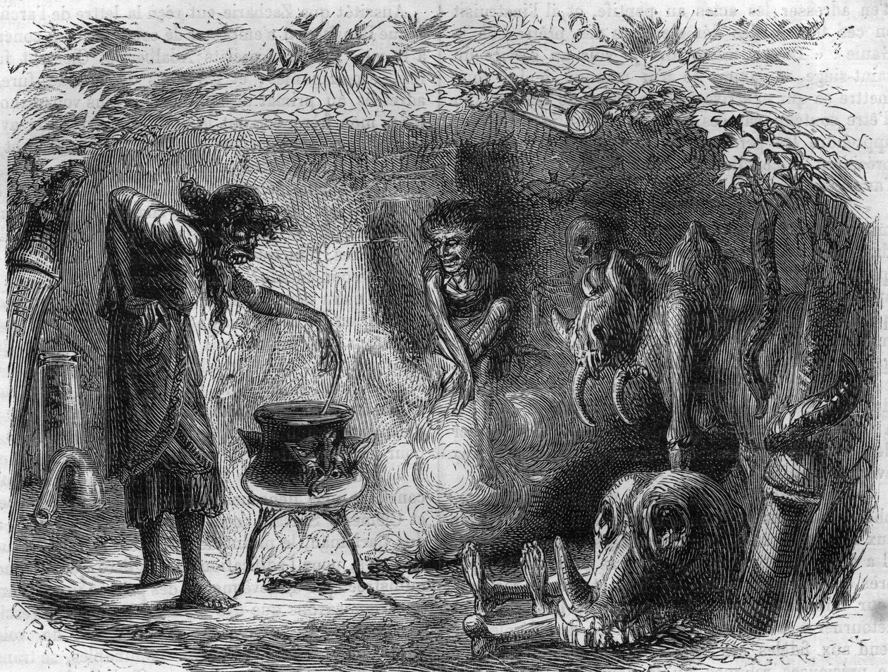 Witchcraft practice: witch around a cauldron making magic potions and spells. Engraving in 