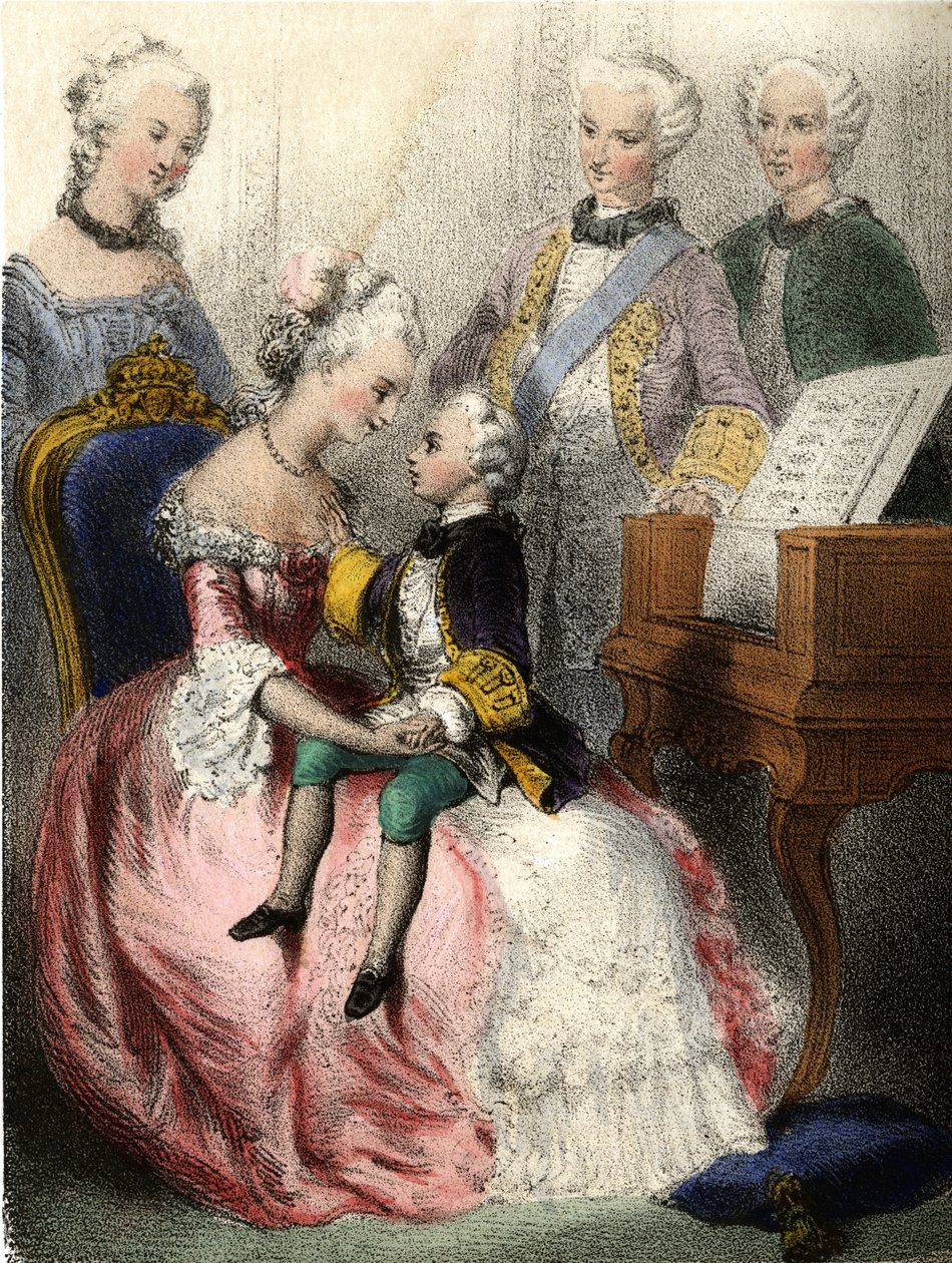 Wolfgang Amadeus Mozart (1756-1791) in the arms of the Austrian Empress Marie-Therese - in The illustrious children - historical tales by Madame Eugenie Foa by French School