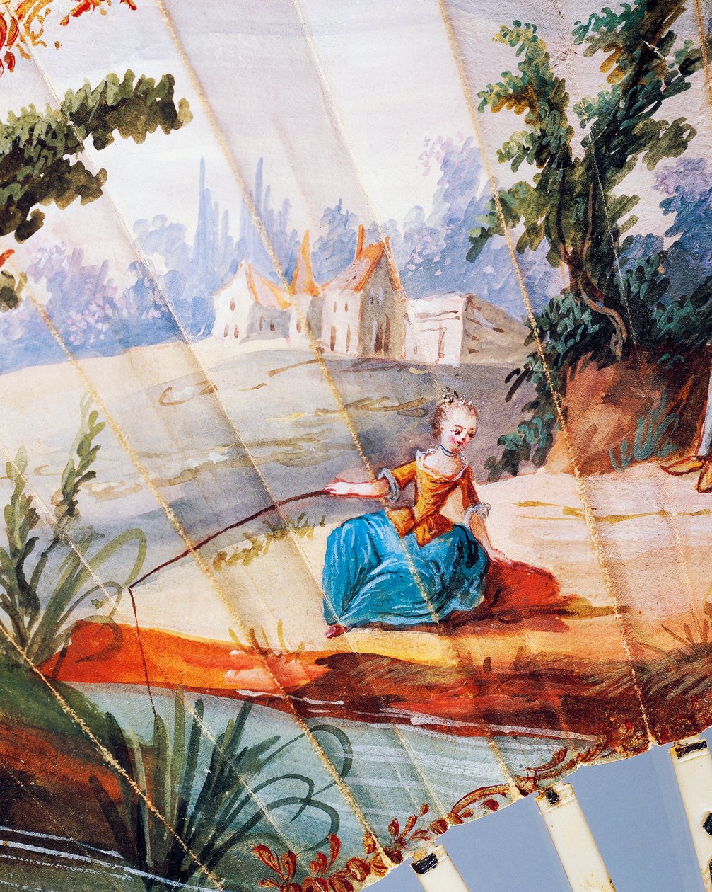 Woman fishing in river, (detail) by French School