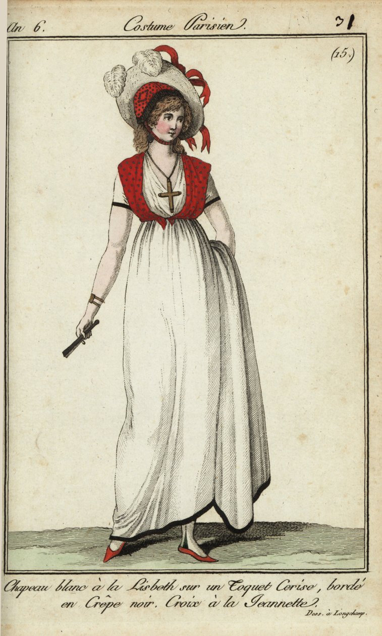 Woman in Lisbeth hat in the fashion of 1798 by French School