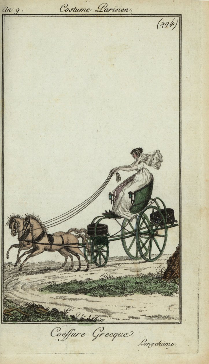 Woman in a Greek hairstyle driving a carriage at Longchamp by French School