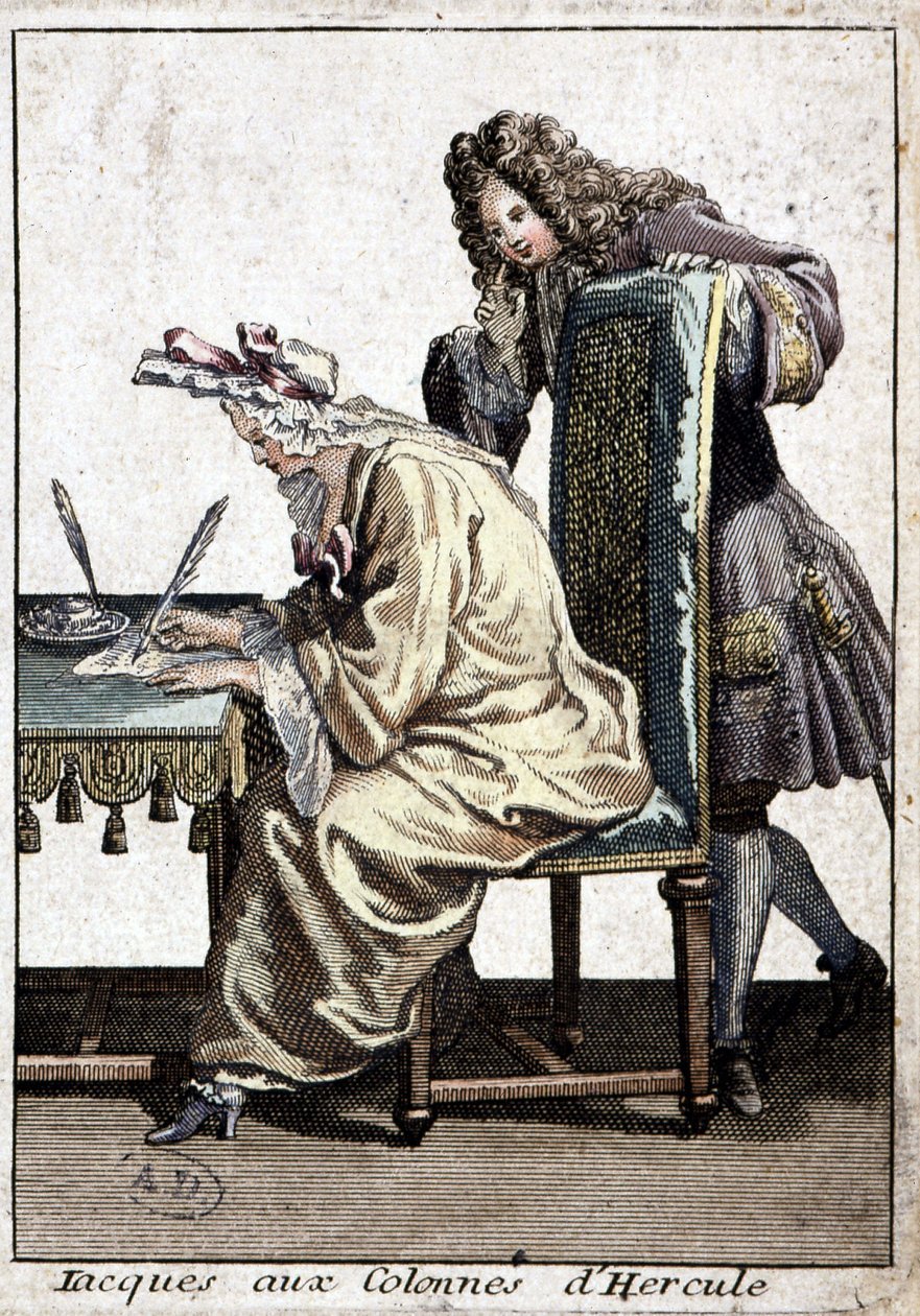 Woman in a shirt and nightcap writing a letter with man, circa 1715 by French School