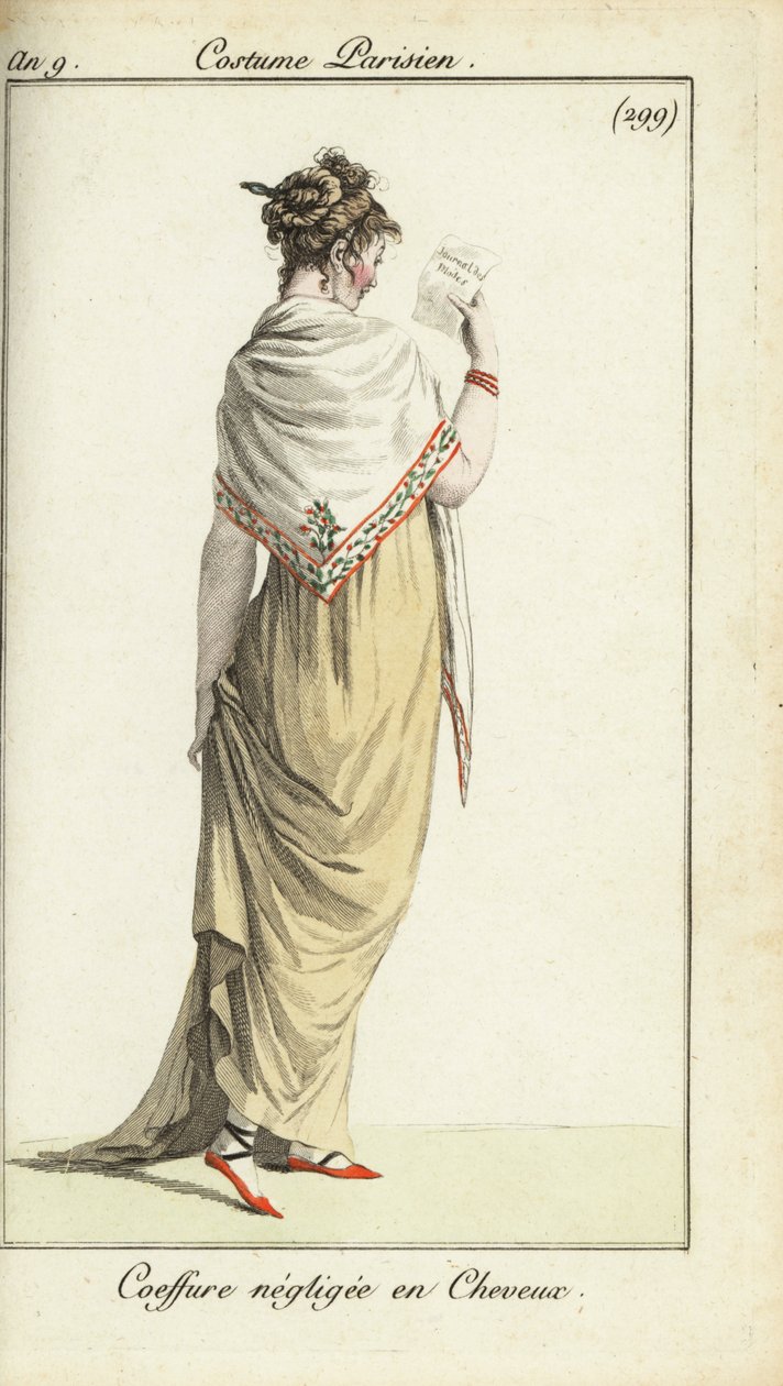 Woman in casual hairdo reading a fashion magazine by French School