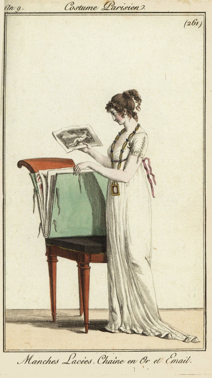 Woman looking at a portfolio of engravings by French School
