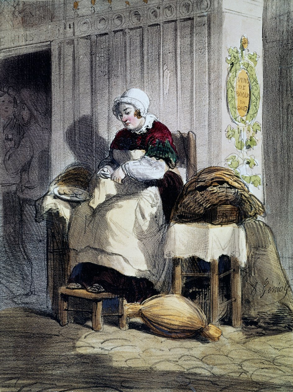 Woman opening oysters, from the Women of Paris series by French School