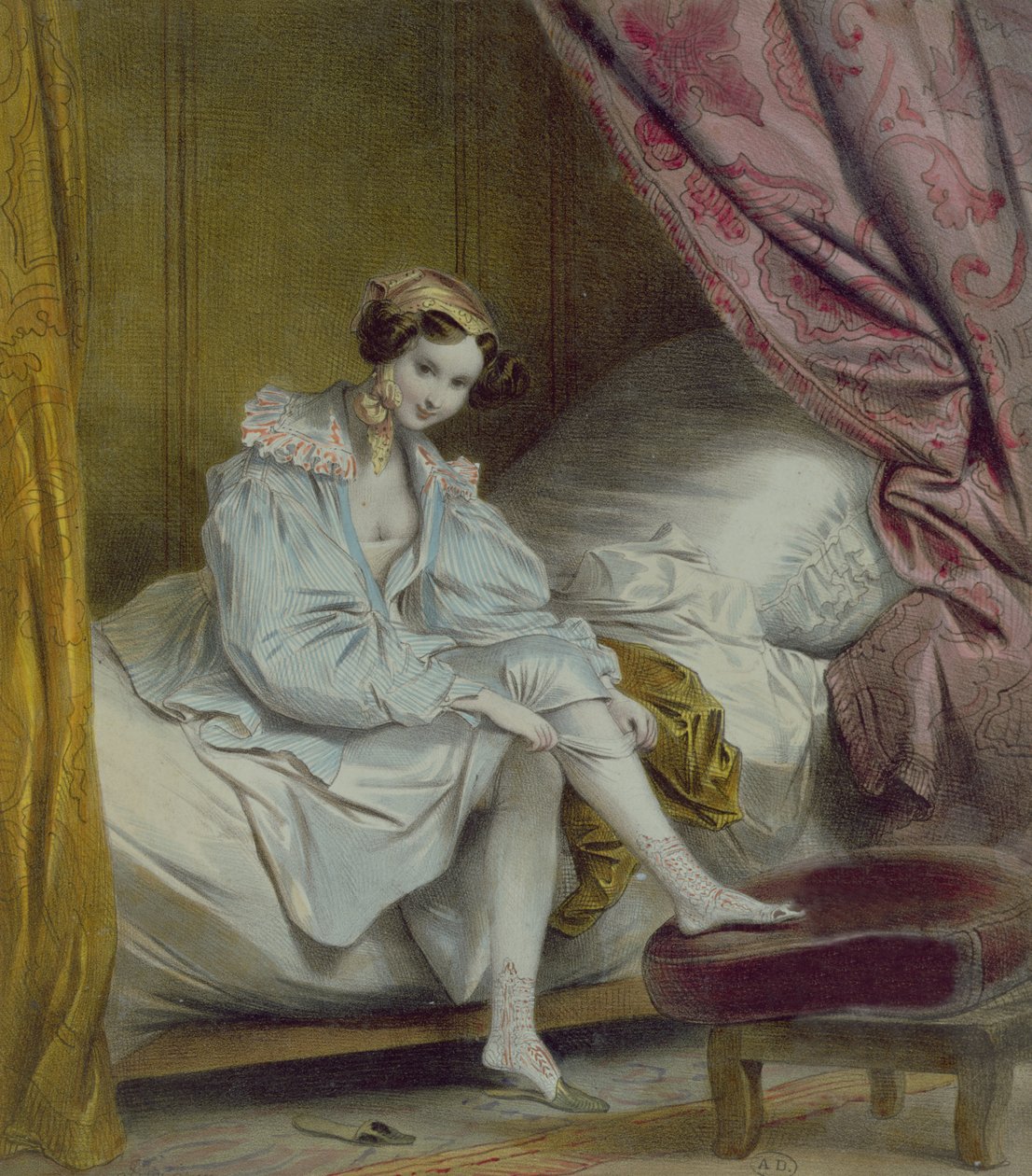 Woman putting on stockings, c.1830 by French School