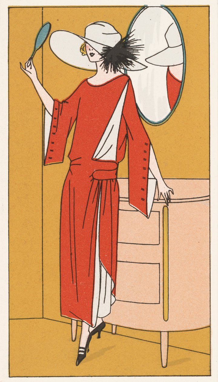 Woman Wearing a Red Crepe Dress and White Hat from the 1920s by French School