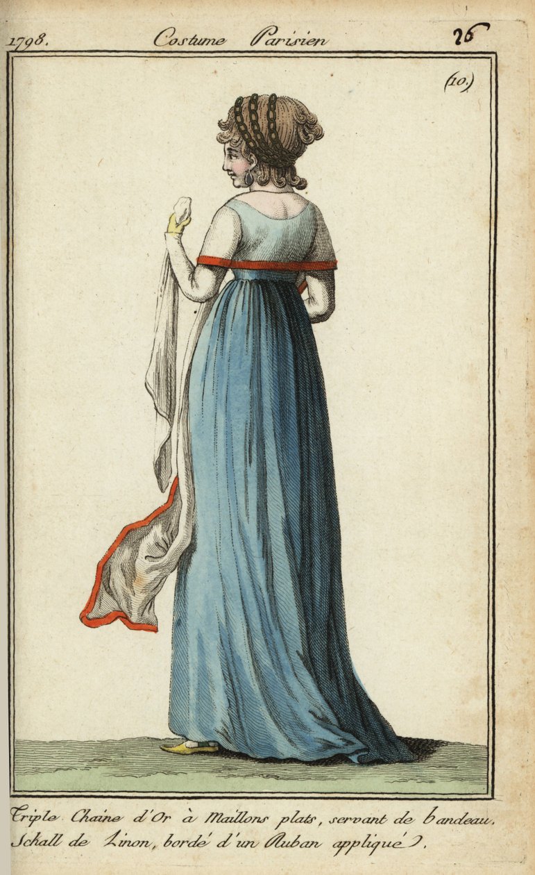 Woman with seethrough shawl in the fashion of 1798 by French School