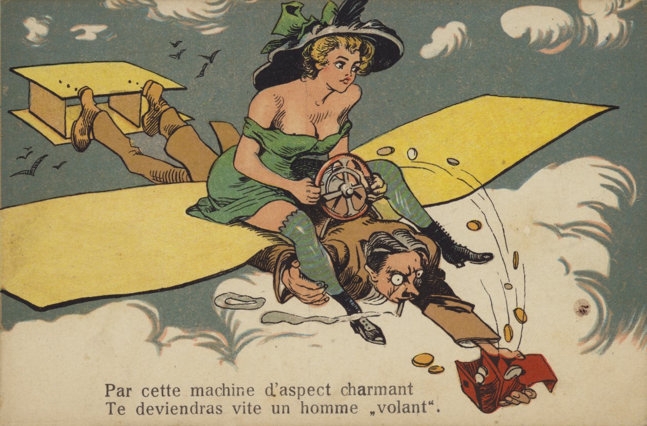 Woman with Semi-Exposed Bust Riding a Man/Aeroplane by French School