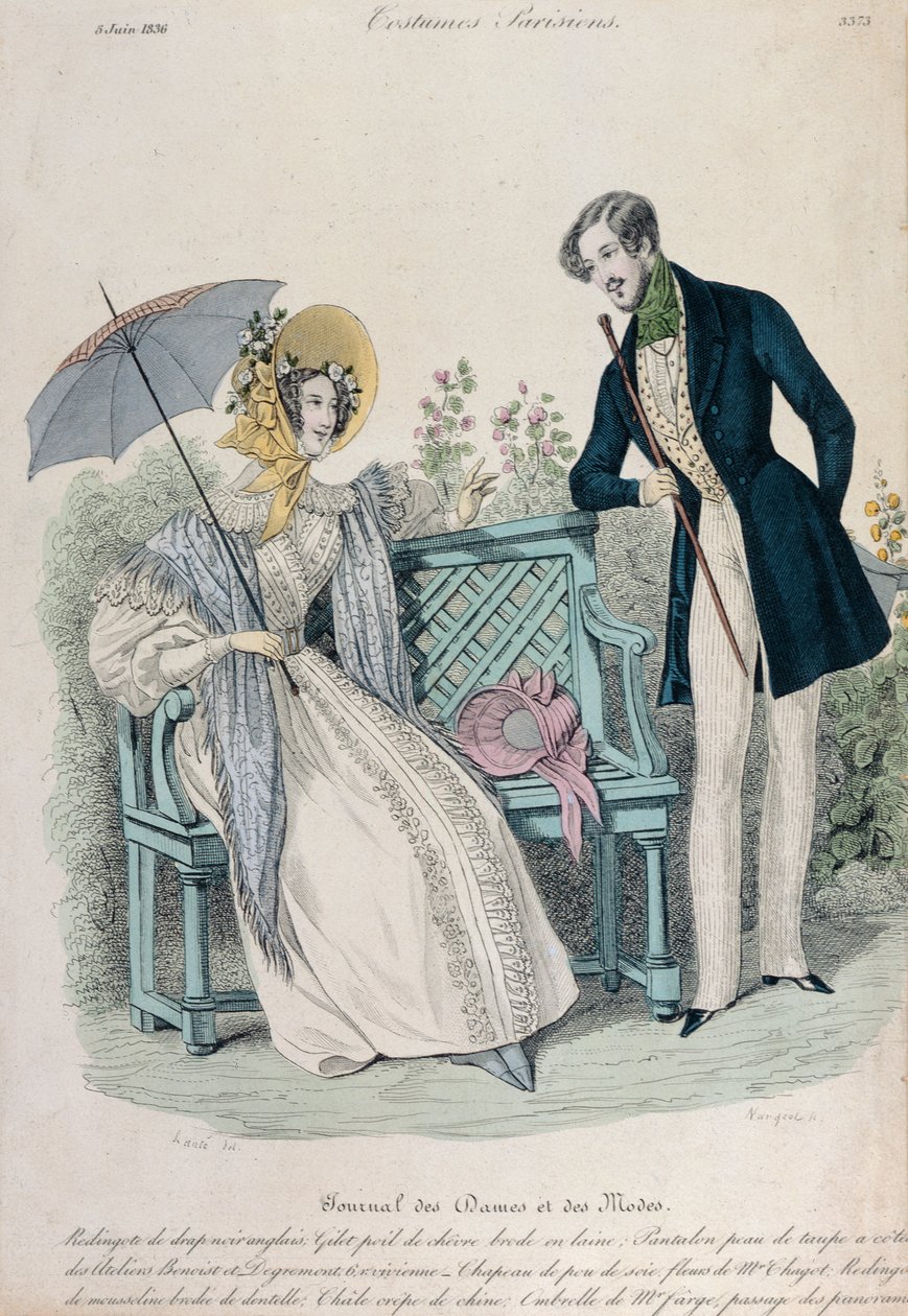 Woman with umbrella and man in frock coat in a garden, fashion plate from Journal des Dames et des Modes, 5 June, 1836 by French School