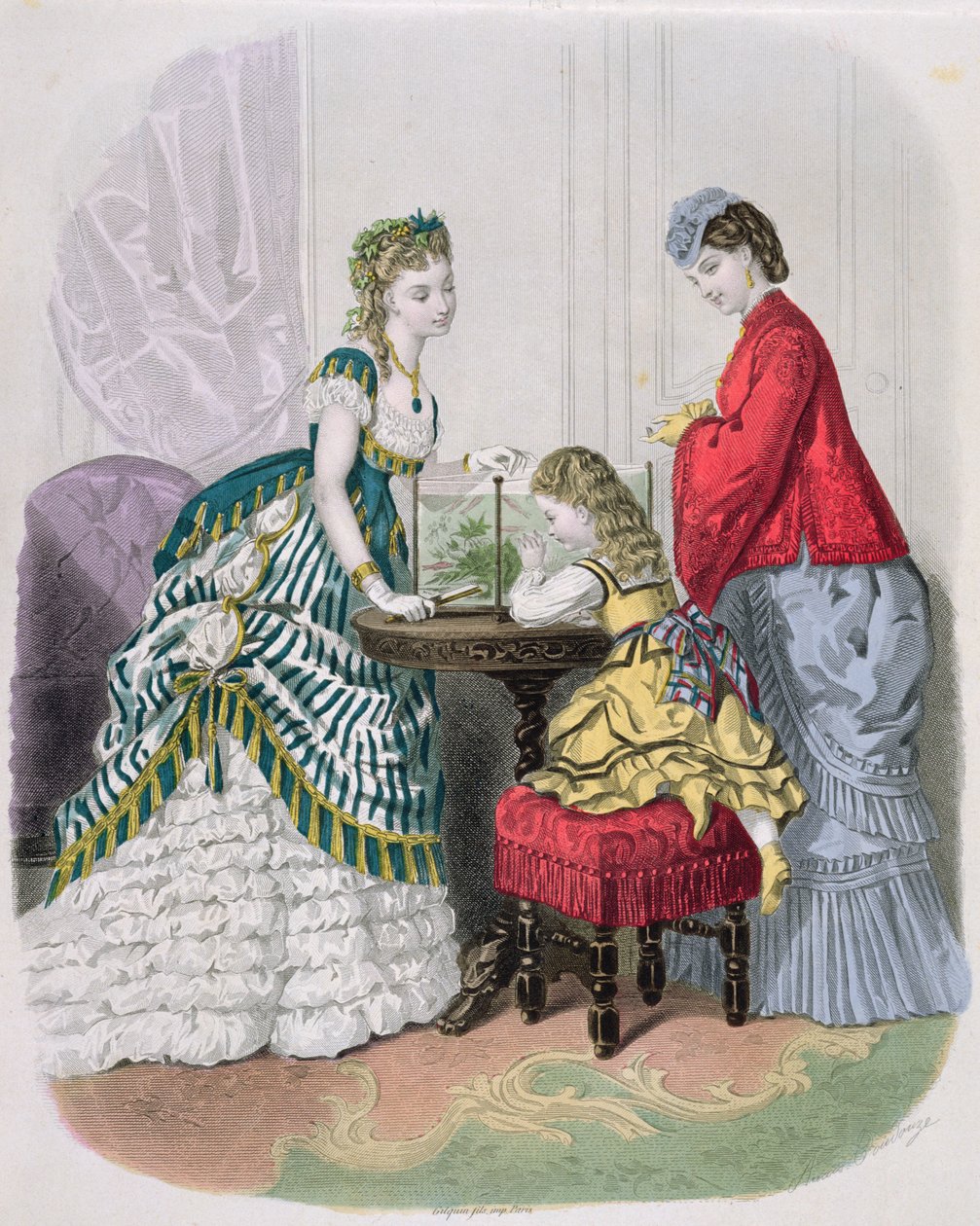 Women and a child looking at an aquarium, from La Mode Illustrée, c.1870 by French School